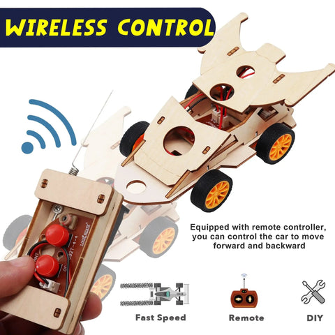 DIY RC Car Kit Build Your Own Solar Powered Remote Control Car STEM Toys For Kids Ages 8 To 12 Indoor And Outdoor Science Experiments And Learning Gifts, wooden parts, remote control, and wheels shown.