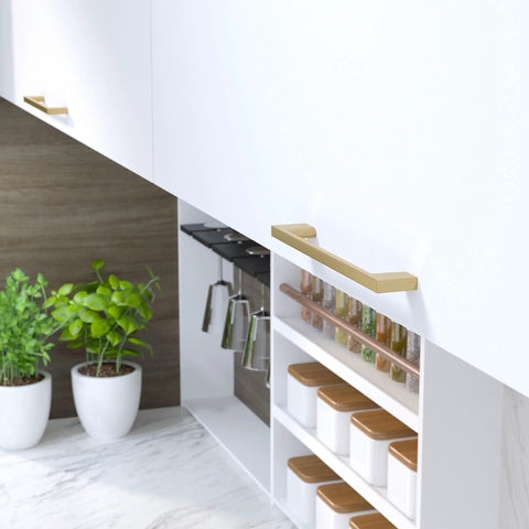 Kitchen view of Armadale Collection Champagne Bronze Modern Rectangular Cabinet And Drawer Pull Handle In Six And Five Sixteenth Inch Center To Center Seven And Half Inch Length One And Eighth Inch Projection For Kitchen Bathroom And Furniture installed on white cabinets