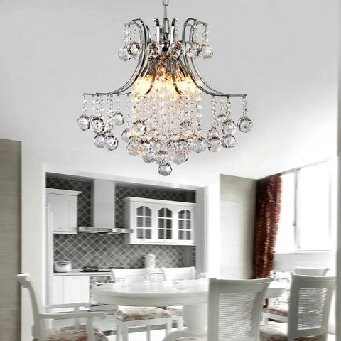 Lit Six Light Chrome Crystal Pendant Chandelier Flush Mount Ceiling Light for Dining Room with K9 Crystals in modern setting