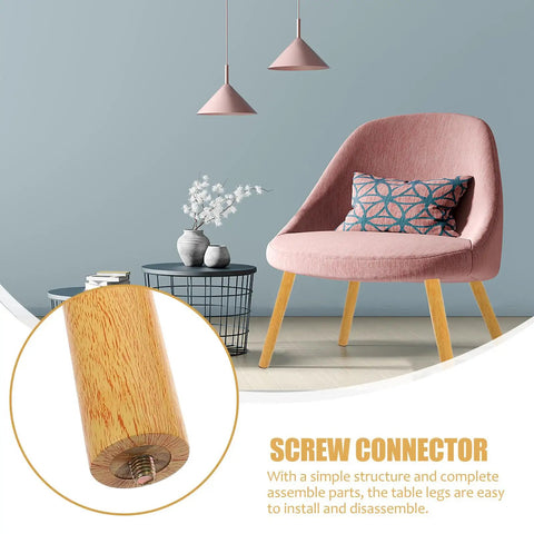 Solid Wood Table Leg Replacement Set close-up with screw connector next to pink chair, showcasing durable furniture support.