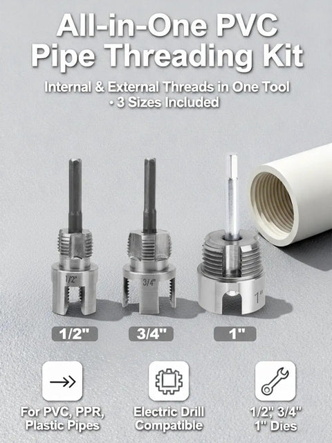 All In One Pipe Threader And Tapping Kit For Half Inch, Three Quarter Inch, And One Inch Dies Works With Electric Drills.