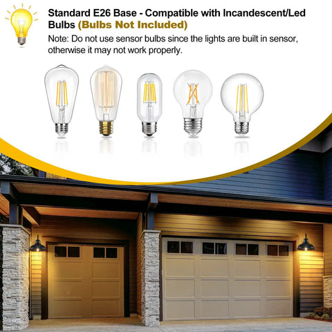 Two Pack Dusk To Dawn Outdoor Wall Sconces for Porch and Garage, Gooseneck Barn Light Fixtures Lit Exterior with Bulb Types Shown