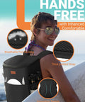 Person carrying Insulated Soft Cooler Backpack For 30 Can Capacity, Leak Proof Thermal Lunch Bag With Wide Mouth Opening, 2 Side Pockets And Front Pocket at the beach.