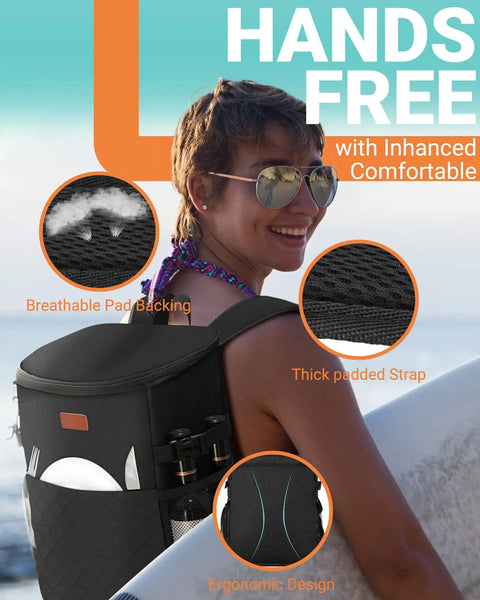 Person carrying Insulated Soft Cooler Backpack For 30 Can Capacity, Leak Proof Thermal Lunch Bag With Wide Mouth Opening, 2 Side Pockets And Front Pocket at the beach.