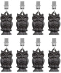Owl Shaped Cast Iron Tablecloth Weights Set Of Eight, Heavy Duty Clip On Weights For Outdoor Tables, shown in side-by-side layout
