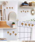 Four Pack Boho Rattan Wall Hooks Set With Distressed Wood Frames, Vintage Farmhouse Coat Rack Hangers in various room settings