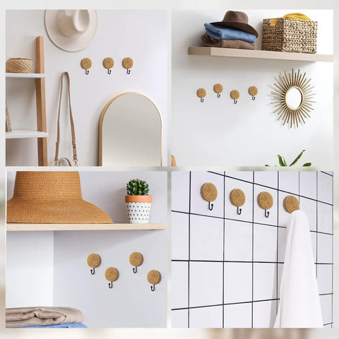 Four Pack Boho Rattan Wall Hooks Set With Distressed Wood Frames, Vintage Farmhouse Coat Rack Hangers in various room settings