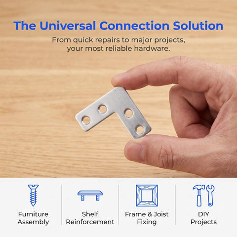 Hand holding Sturdy Stainless Steel L Brackets 1.6x1.6 Inch Right Angle Corner Braces For Cabinets Tables Desks Windows And Furniture