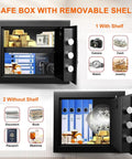 Open compact fireproof safe box for home with digital keypad and key lock, showing removable shelf option with valuables inside.