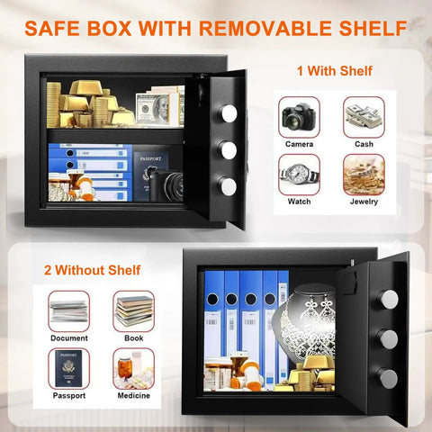 Open compact fireproof safe box for home with digital keypad and key lock, showing removable shelf option with valuables inside.