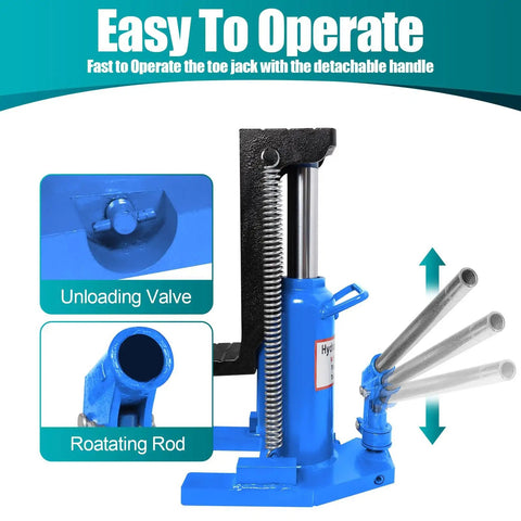 Easy to operate Solid As Rock Heavy Duty Hydraulic Toe Jack with detachable handle and unloading valve for mechanic repairs.