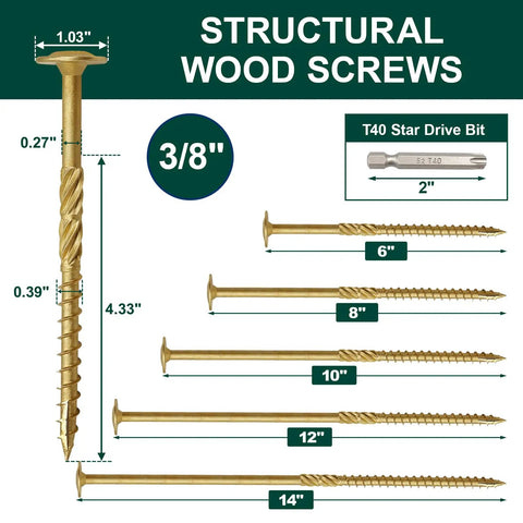 Premium Grade Structural Lag Screws Three Eighth By Six Inch Heat Treat Hardened with aggressive serrated threads displayed.