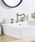 8 Inch Widespread Bathroom Sink Faucet With Two Handles And Three Holes Antique Brass Basin Mixer Tap Includes Matching Metal Pop Up Drain With Overflow And Solid Brass Construction For A Sleek Dope Daily Use on a white sink