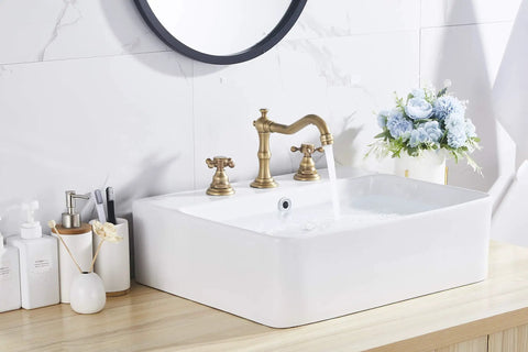 8 Inch Widespread Bathroom Sink Faucet With Two Handles And Three Holes Antique Brass Basin Mixer Tap Includes Matching Metal Pop Up Drain With Overflow And Solid Brass Construction For A Sleek Dope Daily Use on a white sink