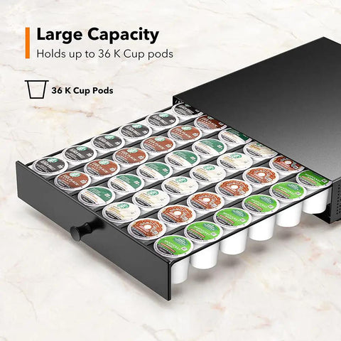 K Cup Organization Drawer And Holder For Keurig Coffee Machines, Holds 36 Pods, space-saving black iron tray on countertop