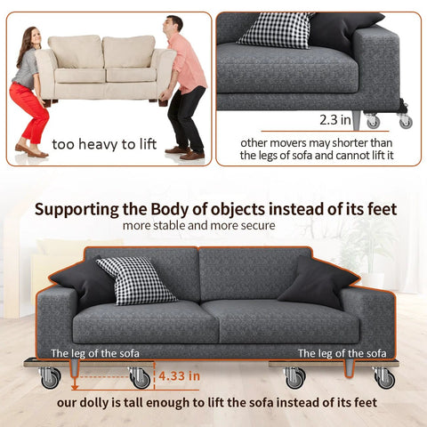 Diagram showing a sofa lifted by a Wood Platform Dolly With Four Wheels Heavy Duty Furniture Mover 550 Lbs Capacity Pack Of 2 Christmas Edition.