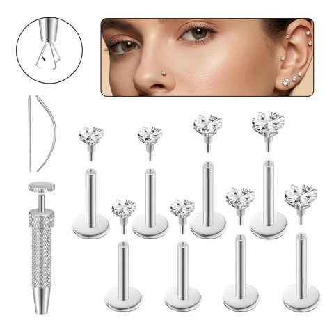 Flat Back Helix Earrings 16G 18G Internal Thread Stud In 316L Surgical Stainless Steel For Helix Cartilage Tragus Nose Labret With Ball Grabber Tool And CZ Options Bar Sizes 6mm 7mm 8mm, with tool and flat back studs