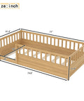 Twin Floor Bed With High Safety Fence, Solid Pine Wood Montessori Toddler Sleep Platform, Natural Finish Wooden Frame dimensions