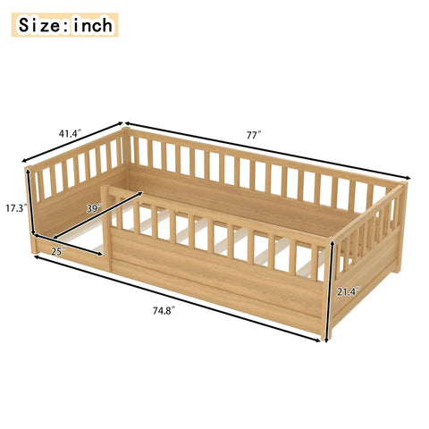Twin Floor Bed With High Safety Fence, Solid Pine Wood Montessori Toddler Sleep Platform, Natural Finish Wooden Frame dimensions