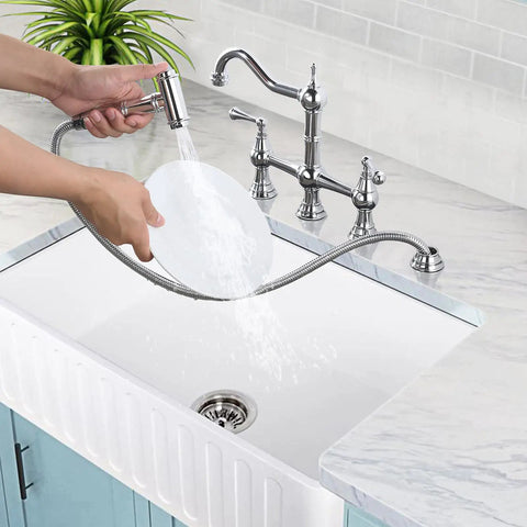 Washing dish with 4 Hole Kitchen Faucet With Sprayer, 8 Inch Centerset Brass Bridge Kitchen Faucet With Two Handles, Chrome Finish