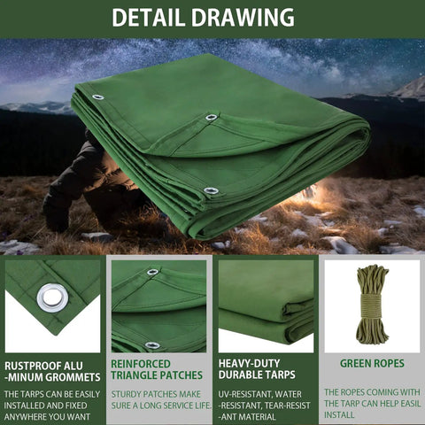 Beefed-Up Heavy Duty Canvas Tarp 12x16ft with grommets and ropes, green color, in detailed drawing with rustproof grommets and reinforced patches.
