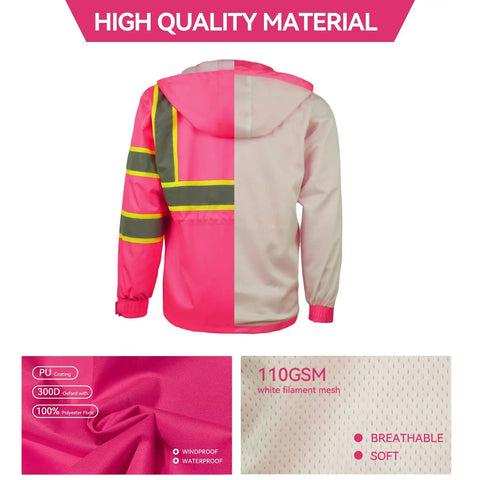Back view of Women Hi Vis Safety Jacket With Hood Built For Work, Waterproof Winter Coat With Reflective Strips, Pink Size Large