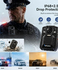 4K Body Camera With GPS And Night Vision For Police USA, 128Gb Storage Security Body Cam shown on a wet uniform in rain.