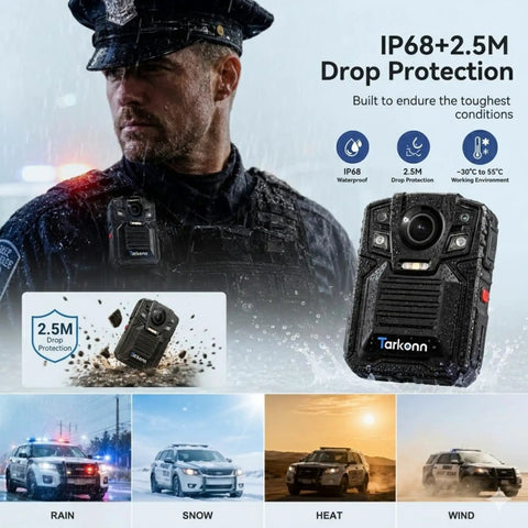 4K Body Camera With GPS And Night Vision For Police USA, 128Gb Storage Security Body Cam shown on a wet uniform in rain.