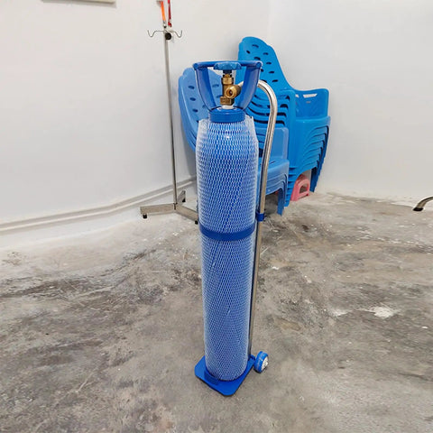 Gas Cylinder Cart With Ring Clamp, Built Tough Steel Hand Truck For Oxygen And Welding Cylinders, Height Adjustable Mobile Cart On Wheels, Anti Rust Steel Frame, Secure Tank Holder For Factories Hospitals And Schools with blue cylinder