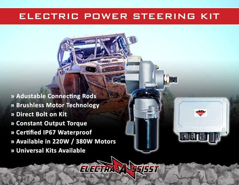 Badass Universal Front Electric Power Steering Kit For UTV With 220 Watt Motor showing electric motor and control unit.