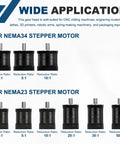 Range of planetary gearbox speed reducers for Nema23 stepper motor with varying reduction ratios, including 3:1 and 10:1.