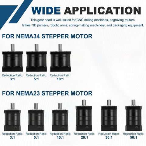 Range of planetary gearbox speed reducers for Nema23 stepper motor with varying reduction ratios, including 3:1 and 10:1.