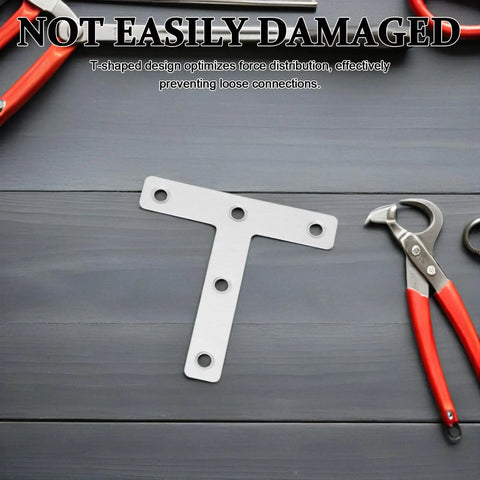 Beefy Heavy Duty Stainless Steel Corner Bracket Plates, thick T shaped angle braces, on wooden surface with tools