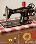 2 Pack Leather Treadle Sewing Machine Belts, 72 Inch Long, Three Sixteenth Inch Wide With Hooks - All-In-One 31-Piece Replacement Kit For Vintage Singer And Jones Machines, Includes Bobbins, Needles, Threaders, Scissors, Hemming Clips. Vintage Singer treadle machine with belts and kit parts