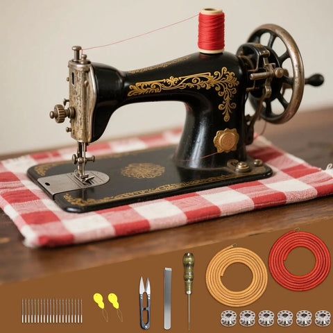 2 Pack Leather Treadle Sewing Machine Belts, 72 Inch Long, Three Sixteenth Inch Wide With Hooks - All-In-One 31-Piece Replacement Kit For Vintage Singer And Jones Machines, Includes Bobbins, Needles, Threaders, Scissors, Hemming Clips. Vintage Singer treadle machine with belts and kit parts