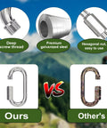 Comparison of Fifty 2 Inch Chain Quick Links Set M5 Galvanized Steel with competitor, highlighting deep screw thread and premium material.