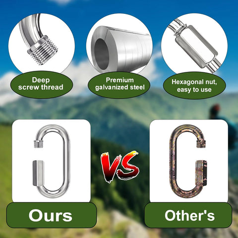 Comparison of Fifty 2 Inch Chain Quick Links Set M5 Galvanized Steel with competitor, highlighting deep screw thread and premium material.