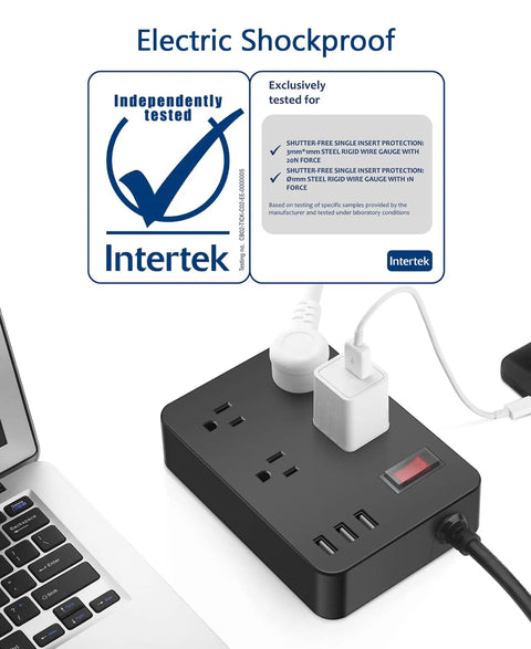 Weatherproof Outdoor Power Strip With 4 Outlets And 3 USB Ports, IPX4 Water Resistant Surge Protector alongside laptop