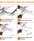 Step-by-step guide to replace blade of multi-angle miter shear cutter set adjustable 45 to 135 degrees, tool and spare blades shown