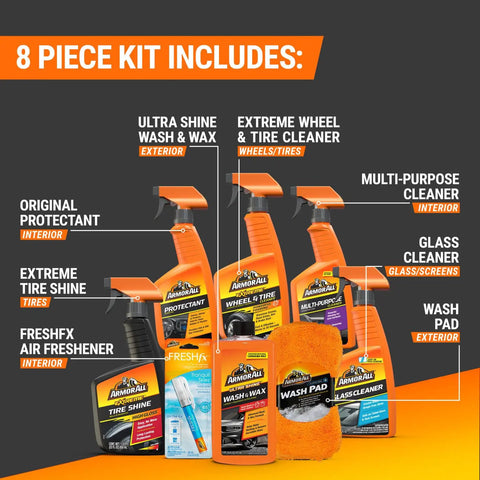 All in One Eight Piece Car Care Kit With Extreme Tire Shine And Ultra Shine Wash And Wax Glass Cleaner Multi Purpose Cleaner
