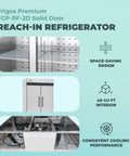 Heavy Duty Two Door Reach In Refrigerator With 49 Cubic Feet Of Cold Storage And Brushed Stainless Finish close-up of shelves and design.
