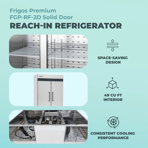 Heavy Duty Two Door Reach In Refrigerator With 49 Cubic Feet Of Cold Storage And Brushed Stainless Finish close-up of shelves and design.