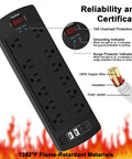 6-Foot Heavy Duty Extension Cord Power Strip With 12 AC Outlets And 4 USB Ports, 2700 Joules Surge Protector, ETL Listed, Black, Ideal For Home Office Dorms And Everyday Desk Setup, angled black power strip with 12 outlets and USB ports