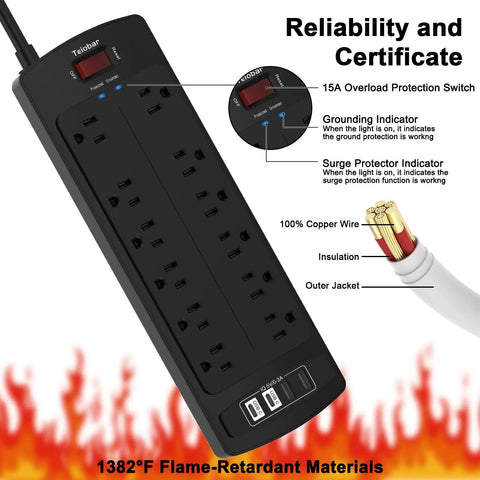 6-Foot Heavy Duty Extension Cord Power Strip With 12 AC Outlets And 4 USB Ports, 2700 Joules Surge Protector, ETL Listed, Black, Ideal For Home Office Dorms And Everyday Desk Setup, angled black power strip with 12 outlets and USB ports