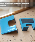 Self Clamping Hinge Jig for No Drill Door Installation With Magnetic Lock and Precision Mortise Template for Strike and Latch Plate for Cabinet Doors, blue plastic pieces on speckled surface.