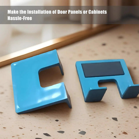 Self Clamping Hinge Jig for No Drill Door Installation With Magnetic Lock and Precision Mortise Template for Strike and Latch Plate for Cabinet Doors, blue plastic pieces on speckled surface.