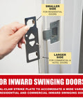 Installing portable door lock with alarm for safety on inward swinging door, showing dual-claw strike plate for residences and hotels.