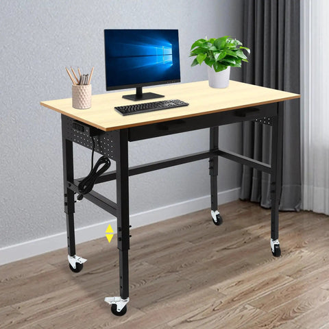Heavy Duty Rolling Workbench Adjustable Height Steel Base with hardwood top, smooth glide casters in home office setup.