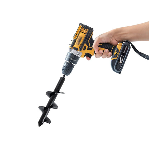 Hand using drill with Set Of 3 Garden Auger Drill Bits For Planting 1.6 By 12 Inch, 2.6 By 12 Inch, 3.5 By 12 Inch Deep Holes Bulb And Bedding Plant Augers.