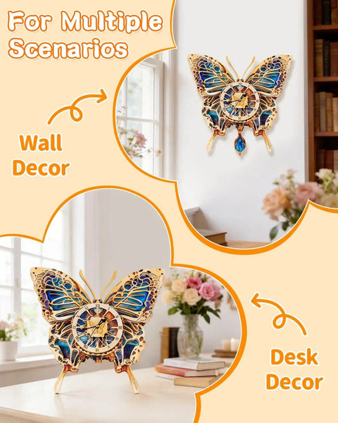 Butterfly Themed 3D Puzzle Clock Kit With Pendulum Wooden Model For Wall Decor beginners friendly, shown as wall and desk decor.